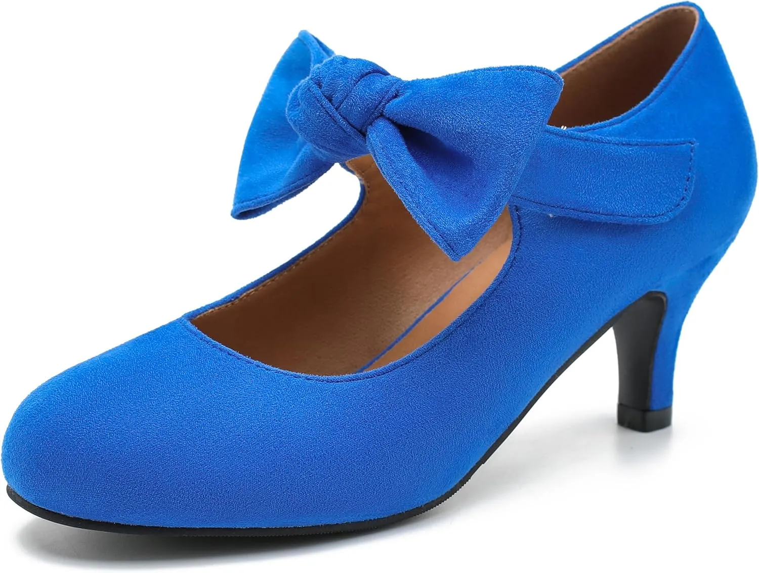 Enelauge Women's Bow Mary Jane Pumps Low Kitten Heels Round Toe Ankle Strap Wedding Office Work Dress Evening Party Shoes