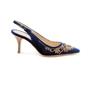 English Rosie High Sling - Navy Gold Velvet