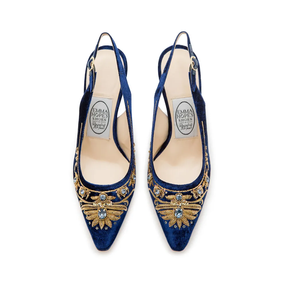 English Rosie High Sling - Navy Gold Velvet