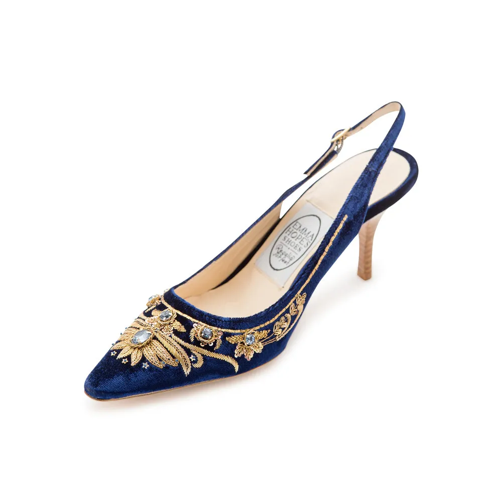 English Rosie High Sling - Navy Gold Velvet