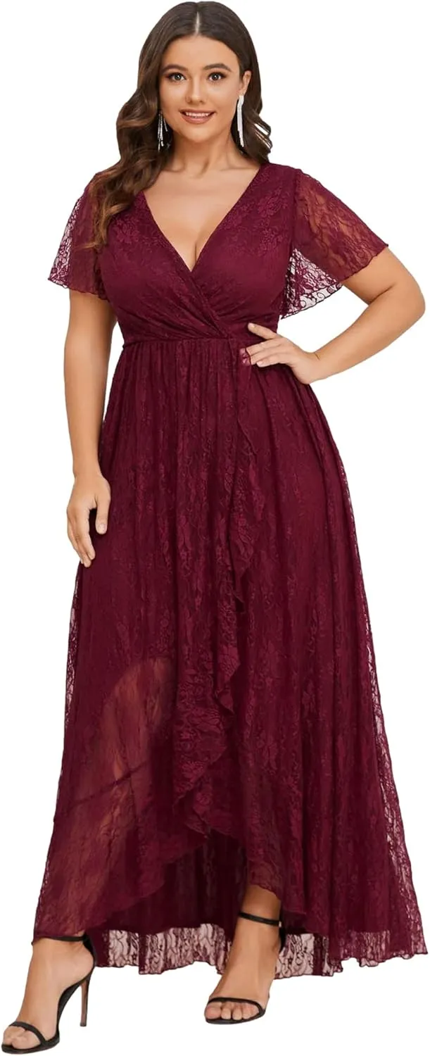 Ever-Pretty Plus Women's V Neck Ruffles Sleeves Lace Summer Plus Size Semi Formal Dress for Curvy Women 01489-DA