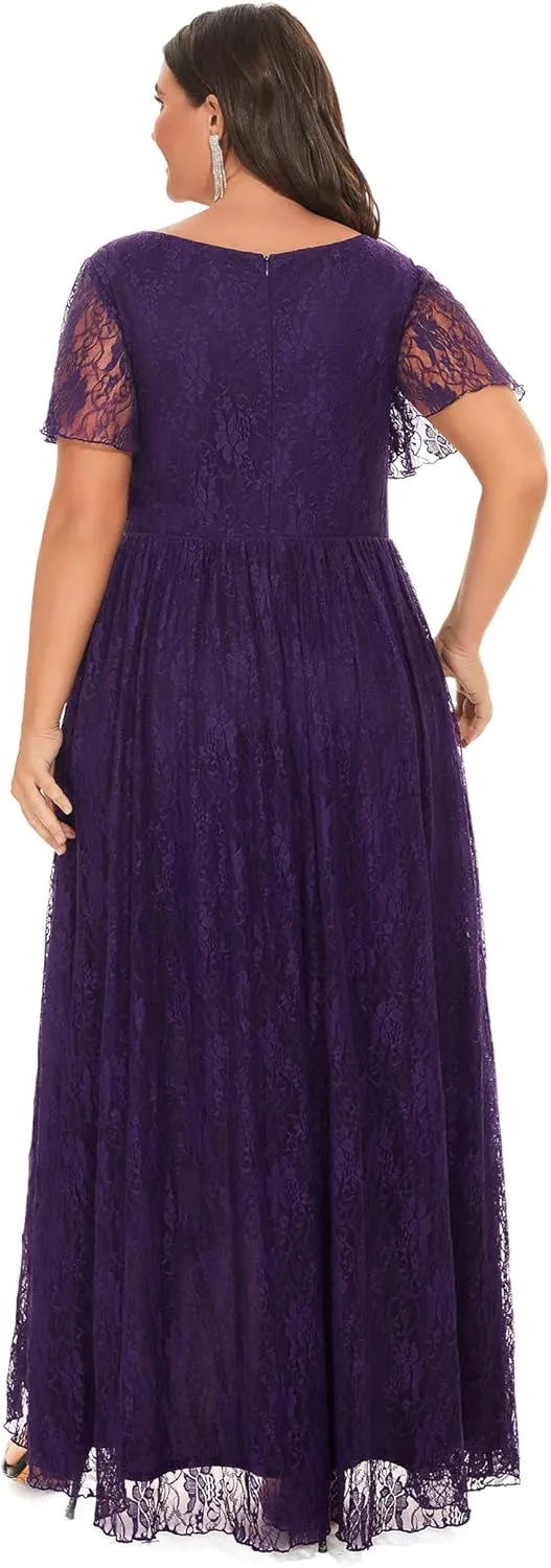Ever-Pretty Plus Women's V Neck Ruffles Sleeves Lace Summer Plus Size Semi Formal Dress for Curvy Women 01489-DA