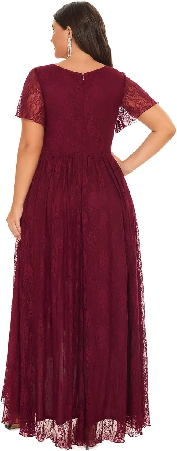 Ever-Pretty Plus Women's V Neck Ruffles Sleeves Lace Summer Plus Size Semi Formal Dress for Curvy Women 01489-DA