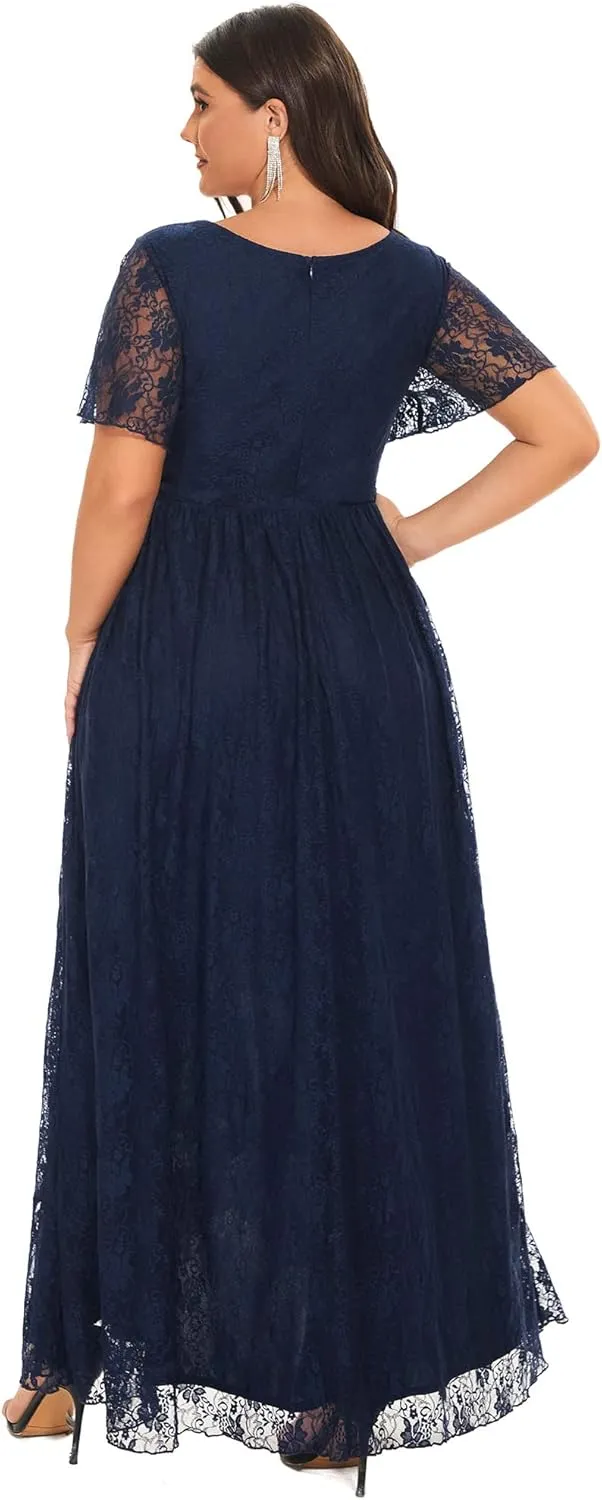 Ever-Pretty Plus Women's V Neck Ruffles Sleeves Lace Summer Plus Size Semi Formal Dress for Curvy Women 01489-DA