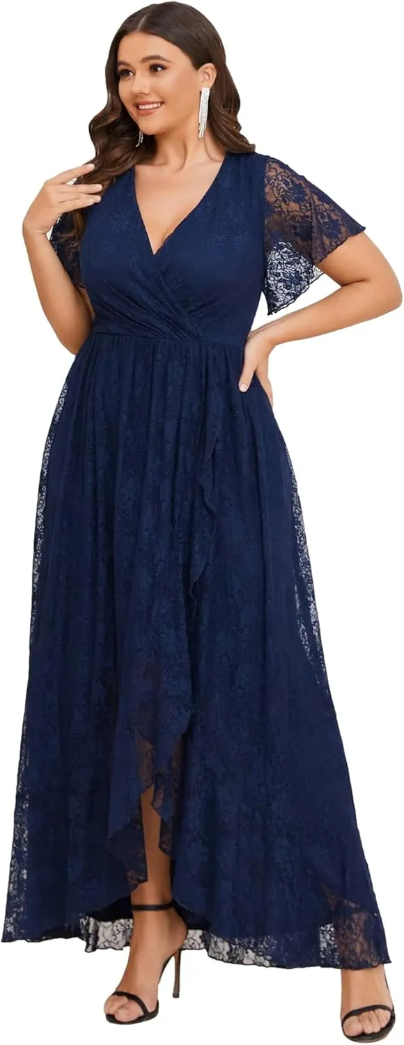Ever-Pretty Plus Women's V Neck Ruffles Sleeves Lace Summer Plus Size Semi Formal Dress for Curvy Women 01489-DA