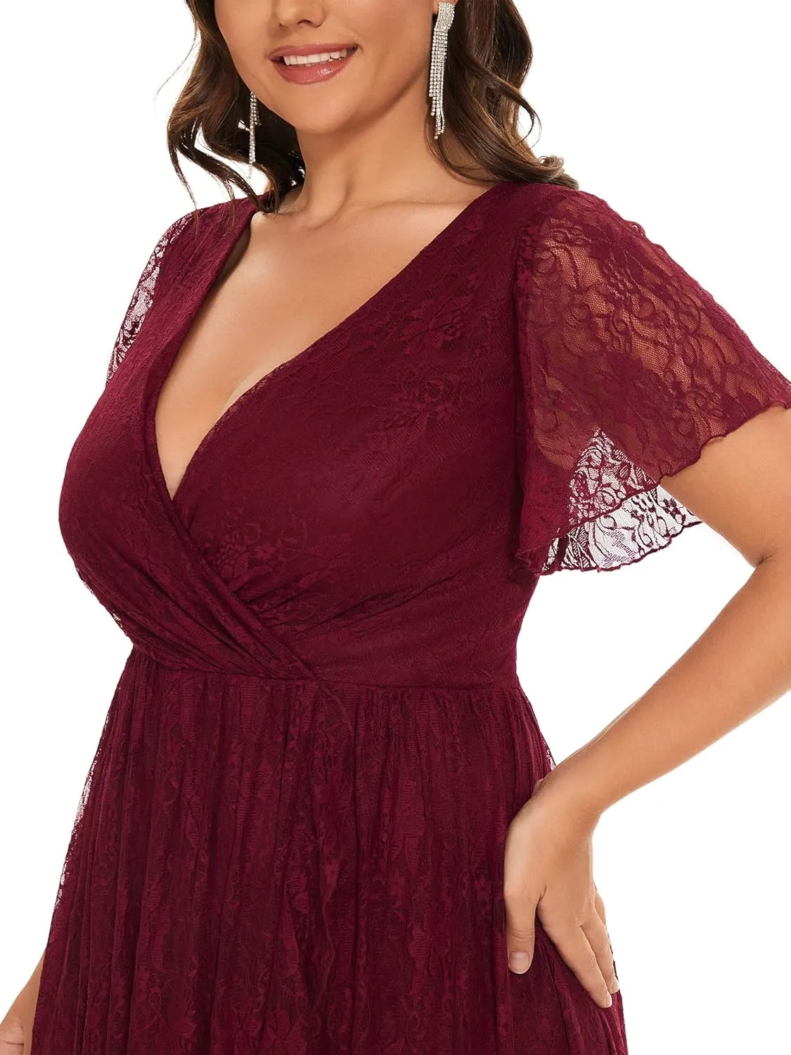 Ever-Pretty Plus Women's V Neck Ruffles Sleeves Lace Summer Plus Size Semi Formal Dress for Curvy Women 01489-DA