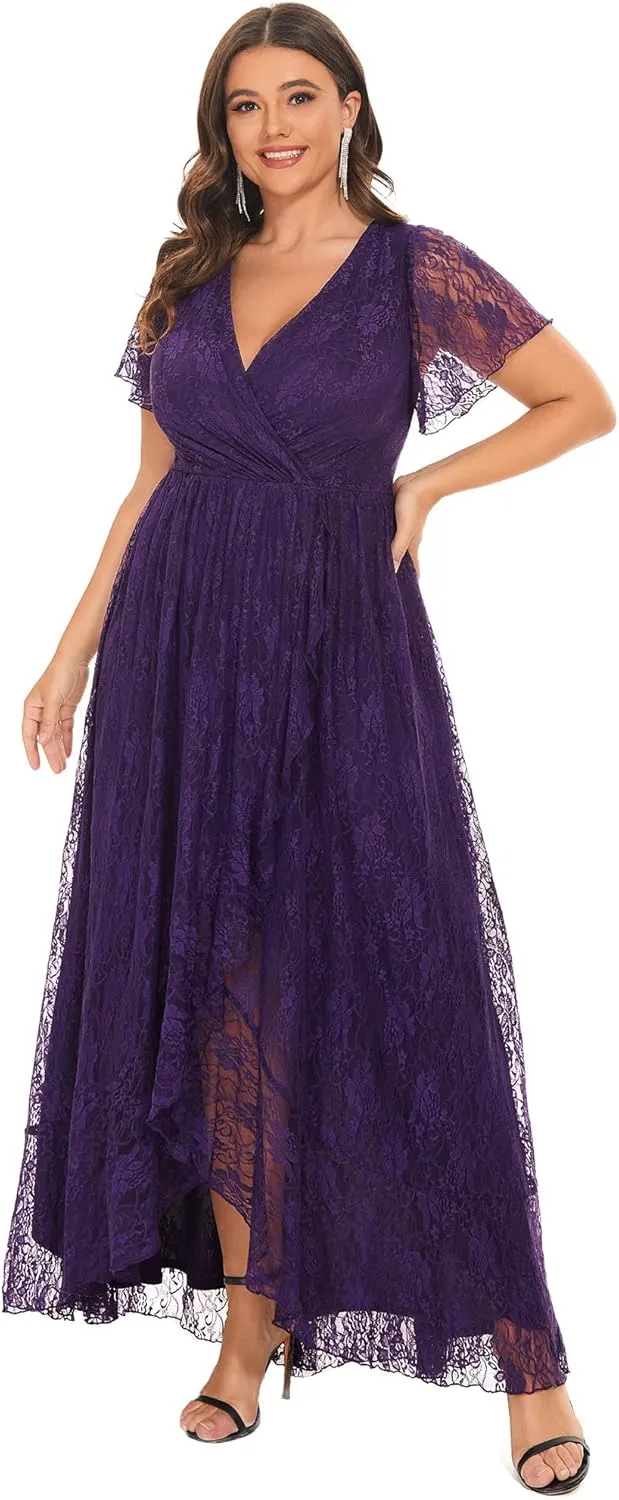 Ever-Pretty Plus Women's V Neck Ruffles Sleeves Lace Summer Plus Size Semi Formal Dress for Curvy Women 01489-DA