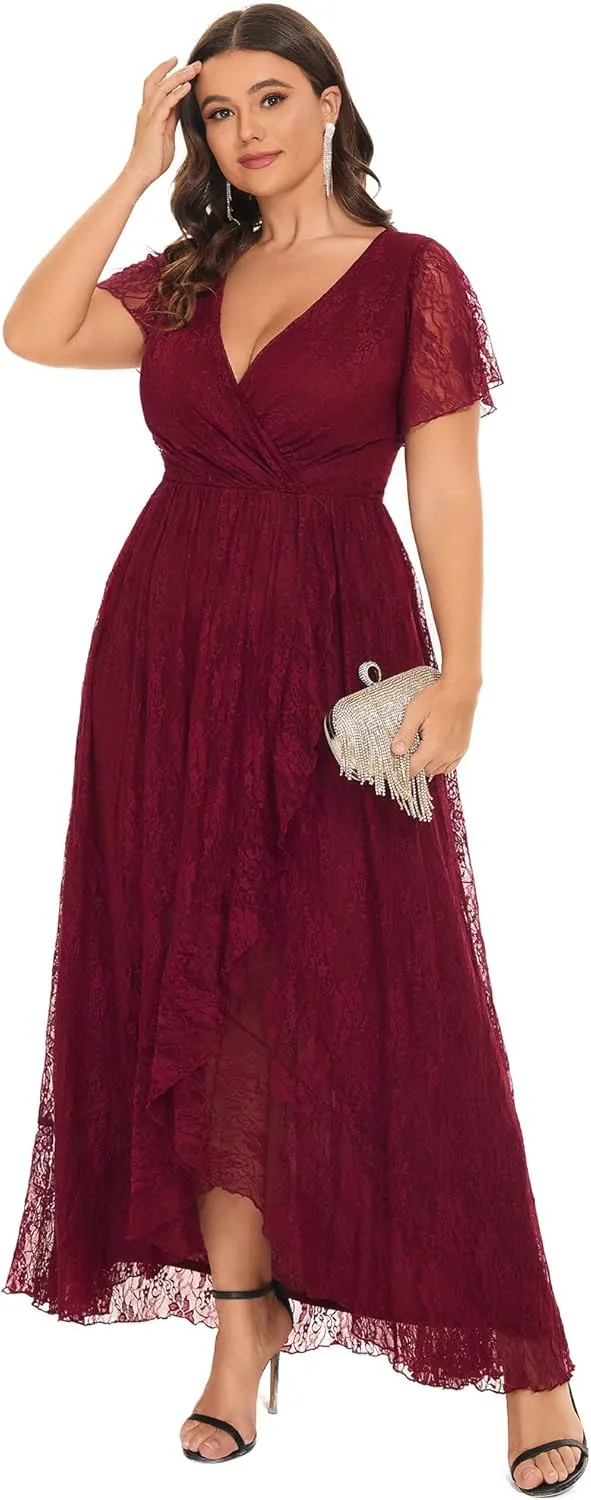 Ever-Pretty Plus Women's V Neck Ruffles Sleeves Lace Summer Plus Size Semi Formal Dress for Curvy Women 01489-DA
