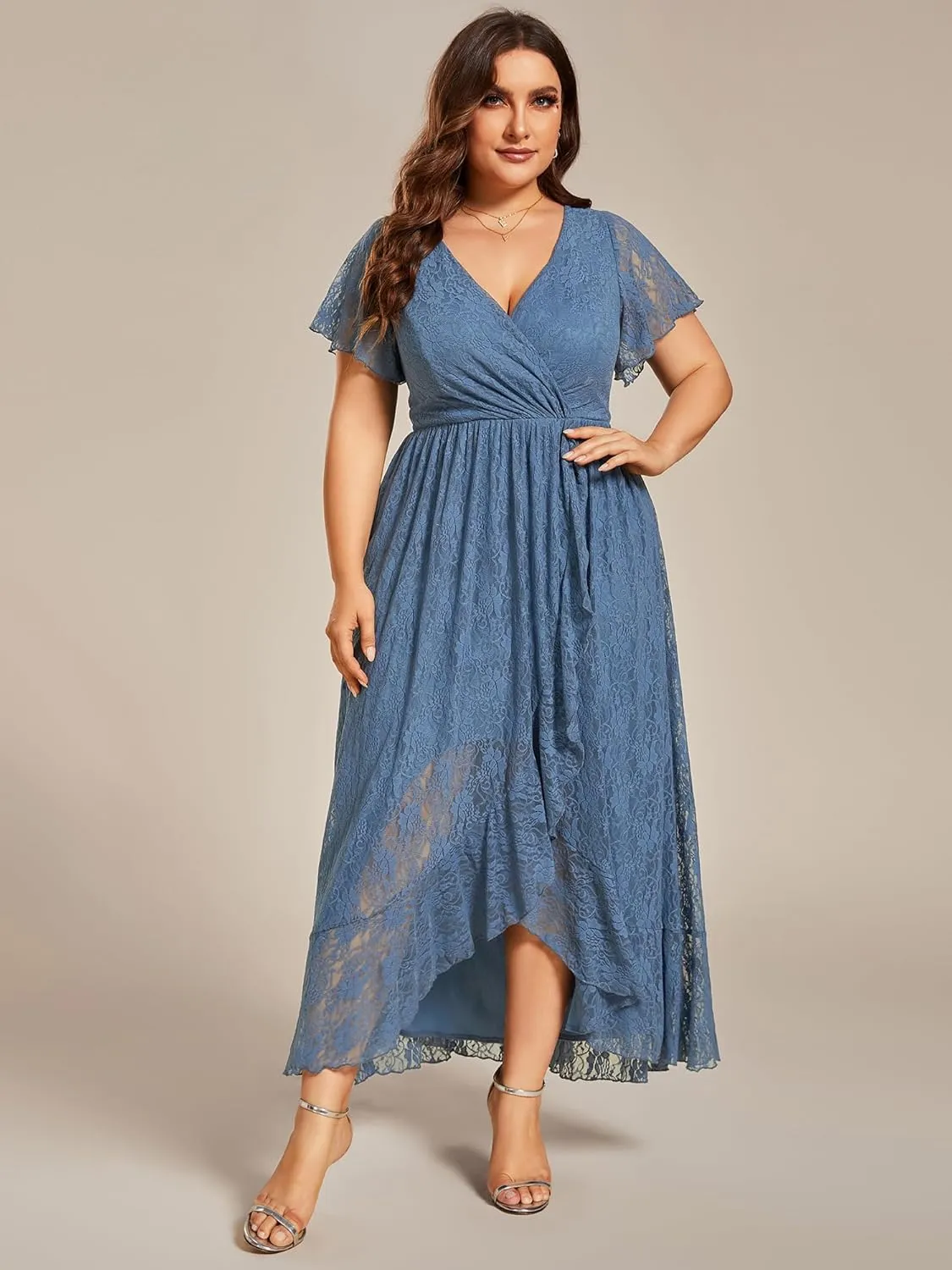 Ever-Pretty Plus Women's V Neck Ruffles Sleeves Lace Summer Plus Size Semi Formal Dress for Curvy Women 01489-DA