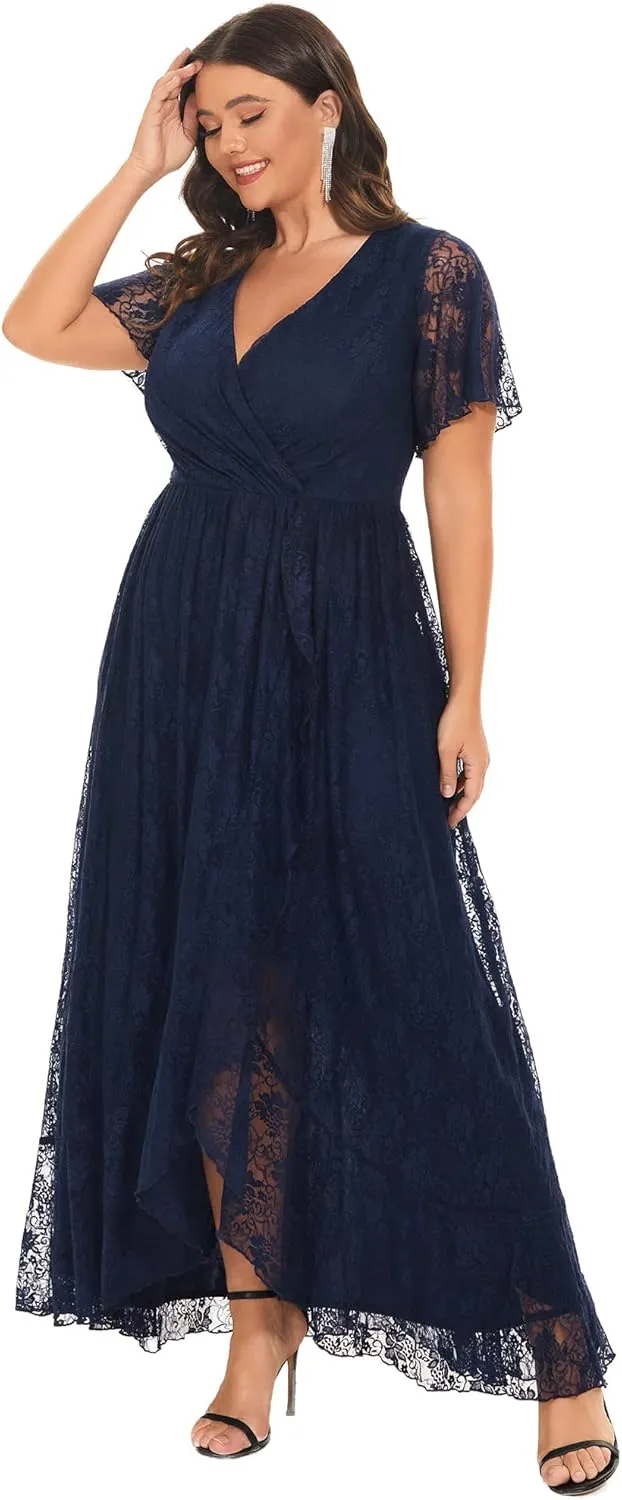 Ever-Pretty Plus Women's V Neck Ruffles Sleeves Lace Summer Plus Size Semi Formal Dress for Curvy Women 01489-DA