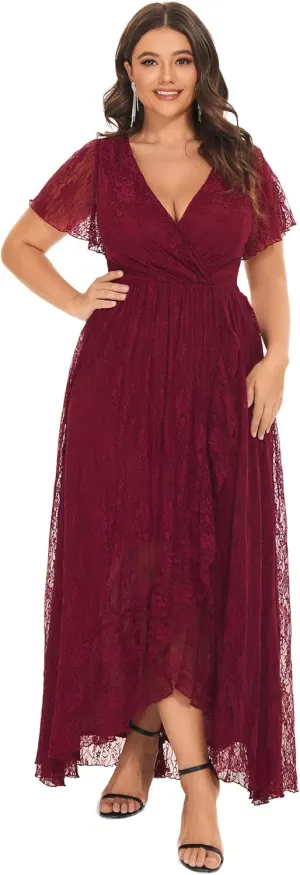 Ever-Pretty Plus Women's V Neck Ruffles Sleeves Lace Summer Plus Size Semi Formal Dress for Curvy Women 01489-DA