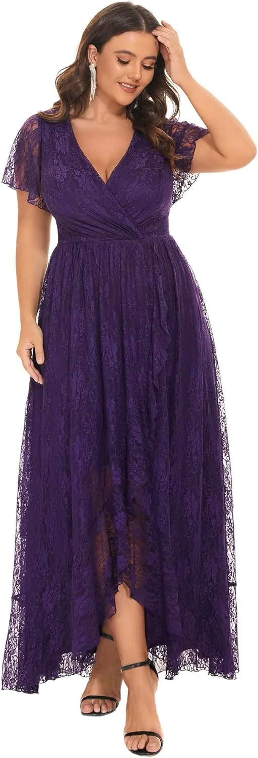 Ever-Pretty Plus Women's V Neck Ruffles Sleeves Lace Summer Plus Size Semi Formal Dress for Curvy Women 01489-DA
