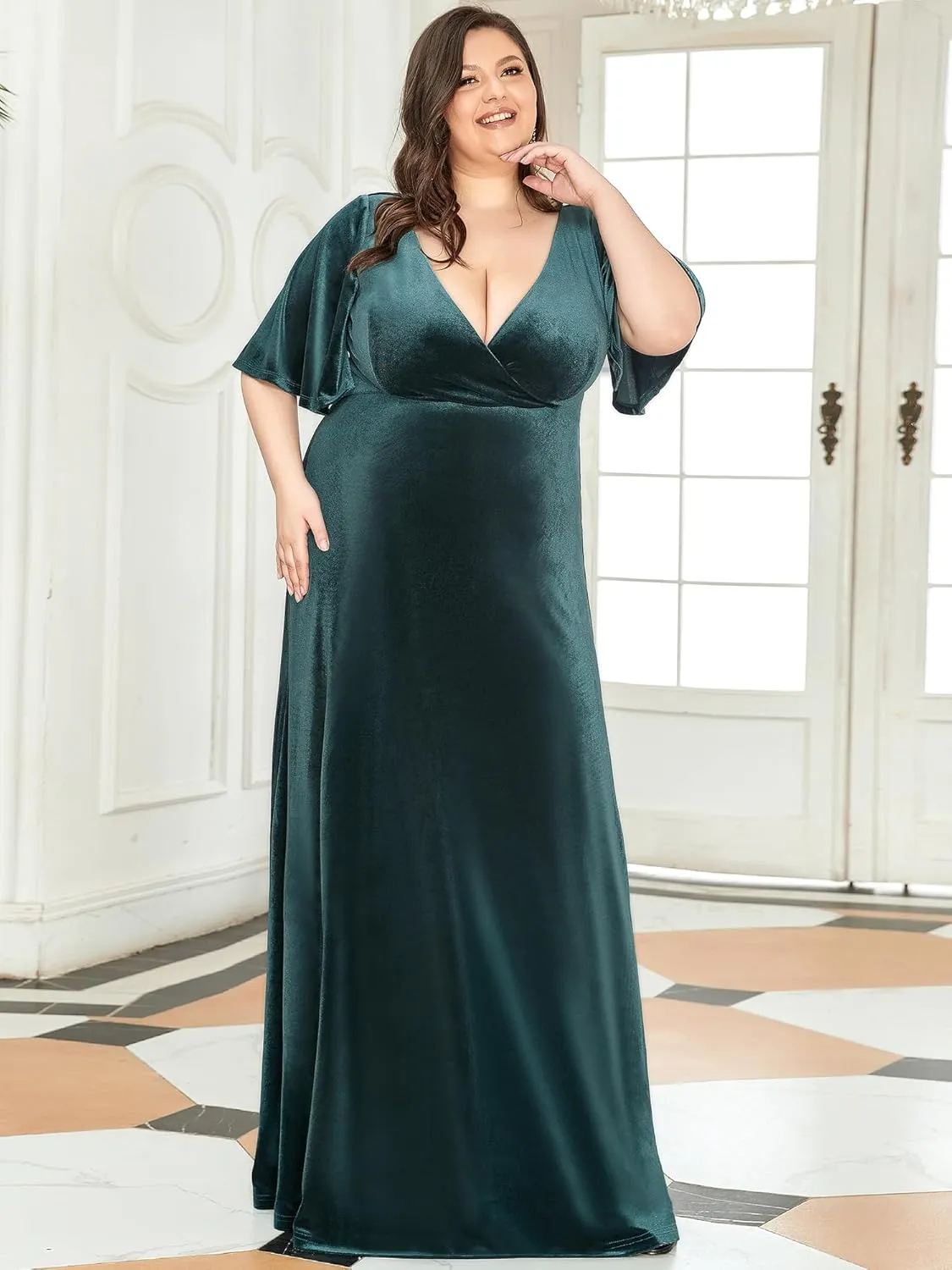 Ever-Pretty Plus Women's V Neck Velvet A Line Half Sleeves Floor Length Winter Plus Size Formal Evening Dresses 00861-DAPH