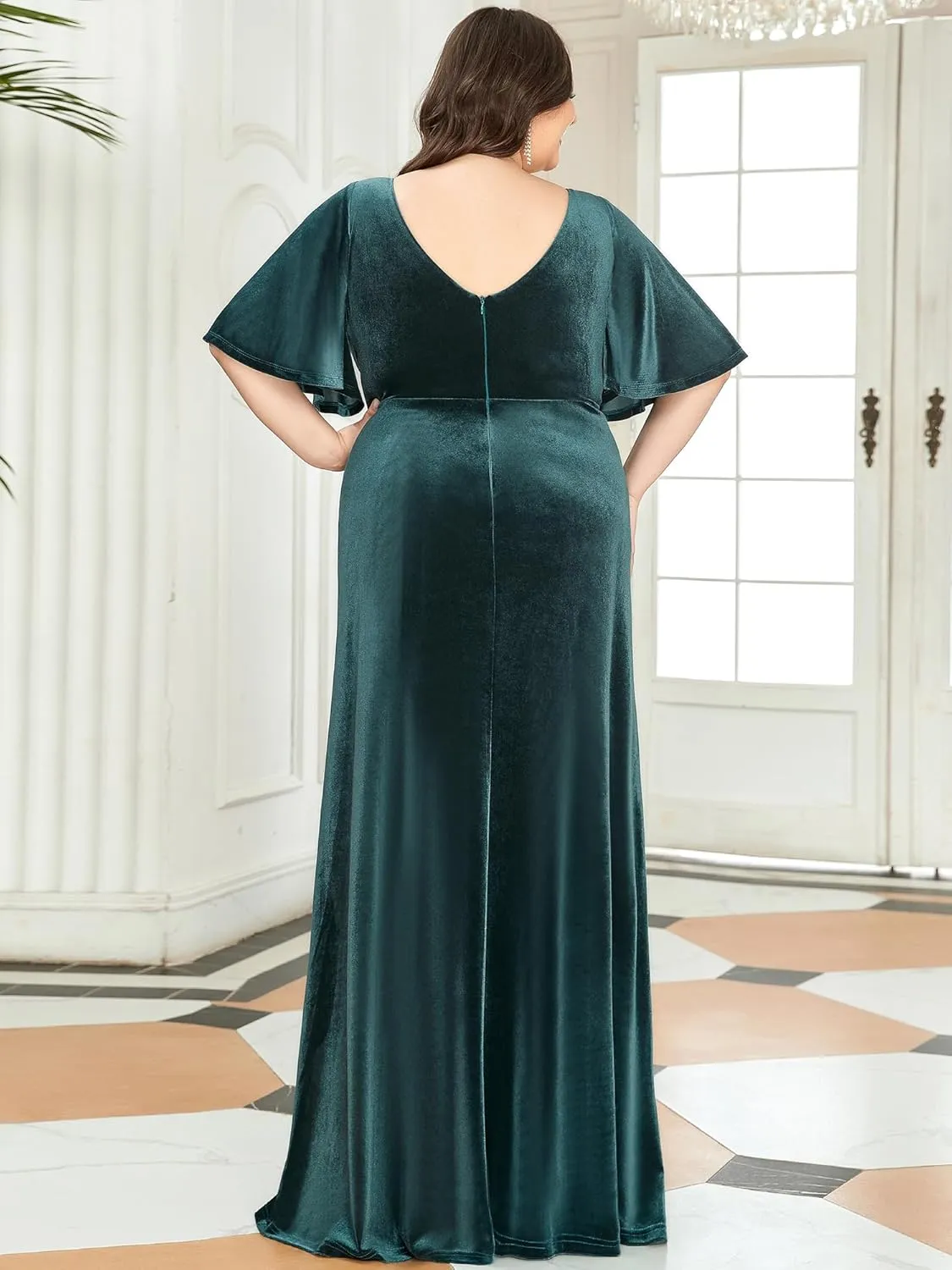 Ever-Pretty Plus Women's V Neck Velvet A Line Half Sleeves Floor Length Winter Plus Size Formal Evening Dresses 00861-DAPH