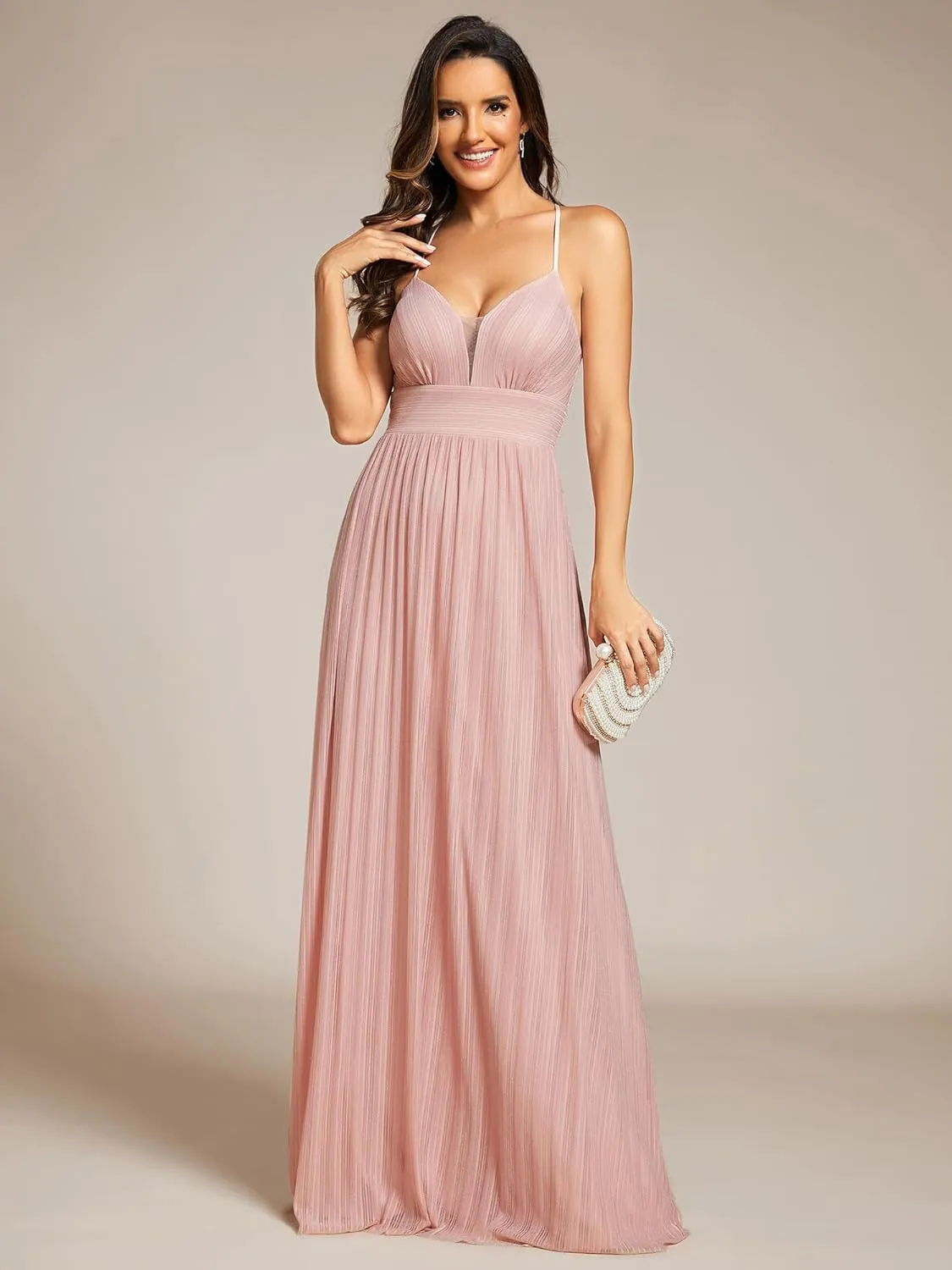 Ever-Pretty Women's A Line V Neck Backless Glitter Pleated Sleeveless Maxi Evening Dresses 21961