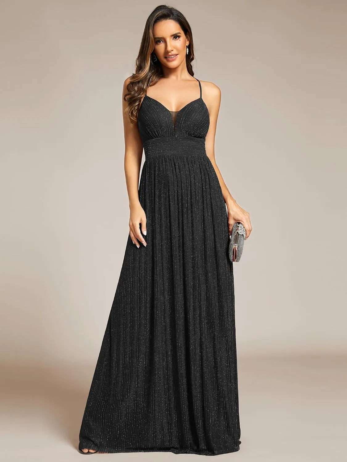 Ever-Pretty Women's A Line V Neck Backless Glitter Pleated Sleeveless Maxi Evening Dresses 21961