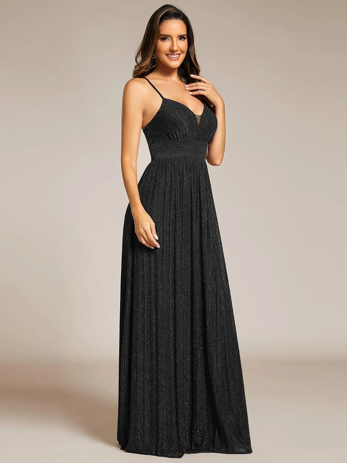 Ever-Pretty Women's A Line V Neck Backless Glitter Pleated Sleeveless Maxi Evening Dresses 21961