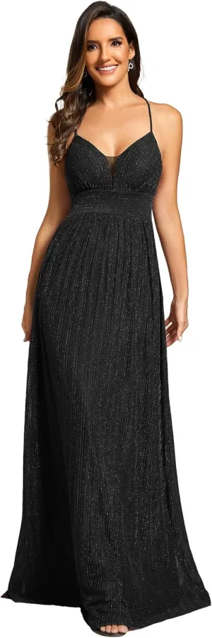 Ever-Pretty Women's A Line V Neck Backless Glitter Pleated Sleeveless Maxi Evening Dresses 21961
