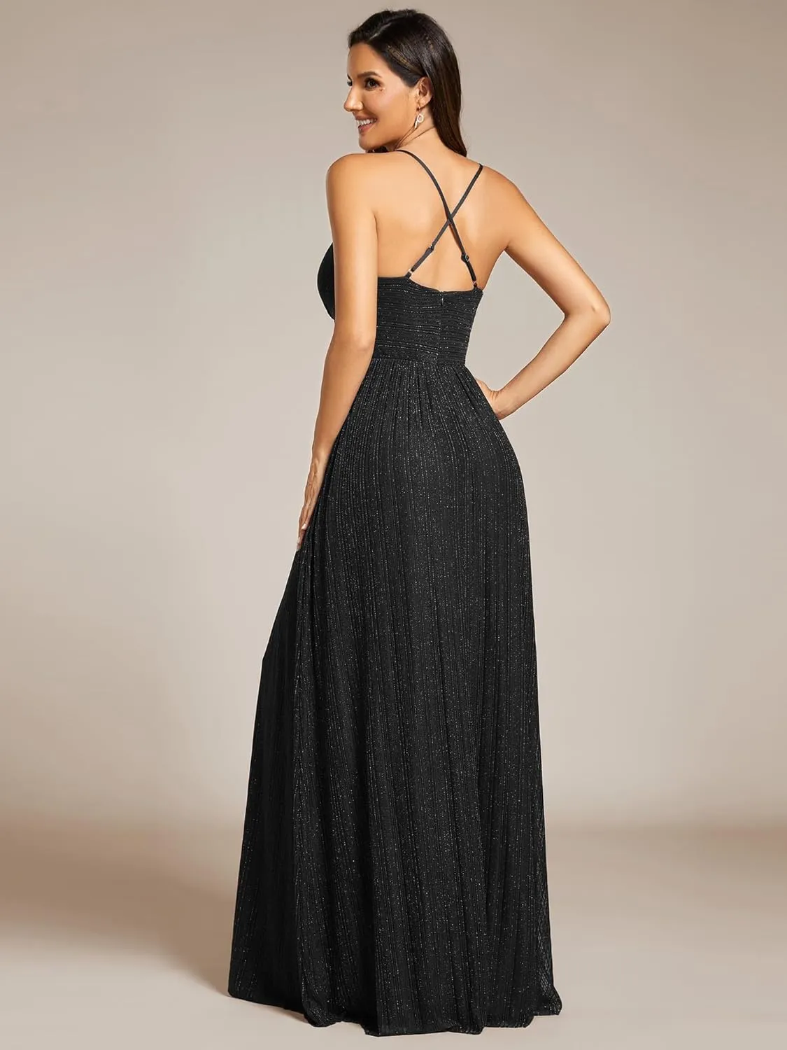 Ever-Pretty Women's A Line V Neck Backless Glitter Pleated Sleeveless Maxi Evening Dresses 21961