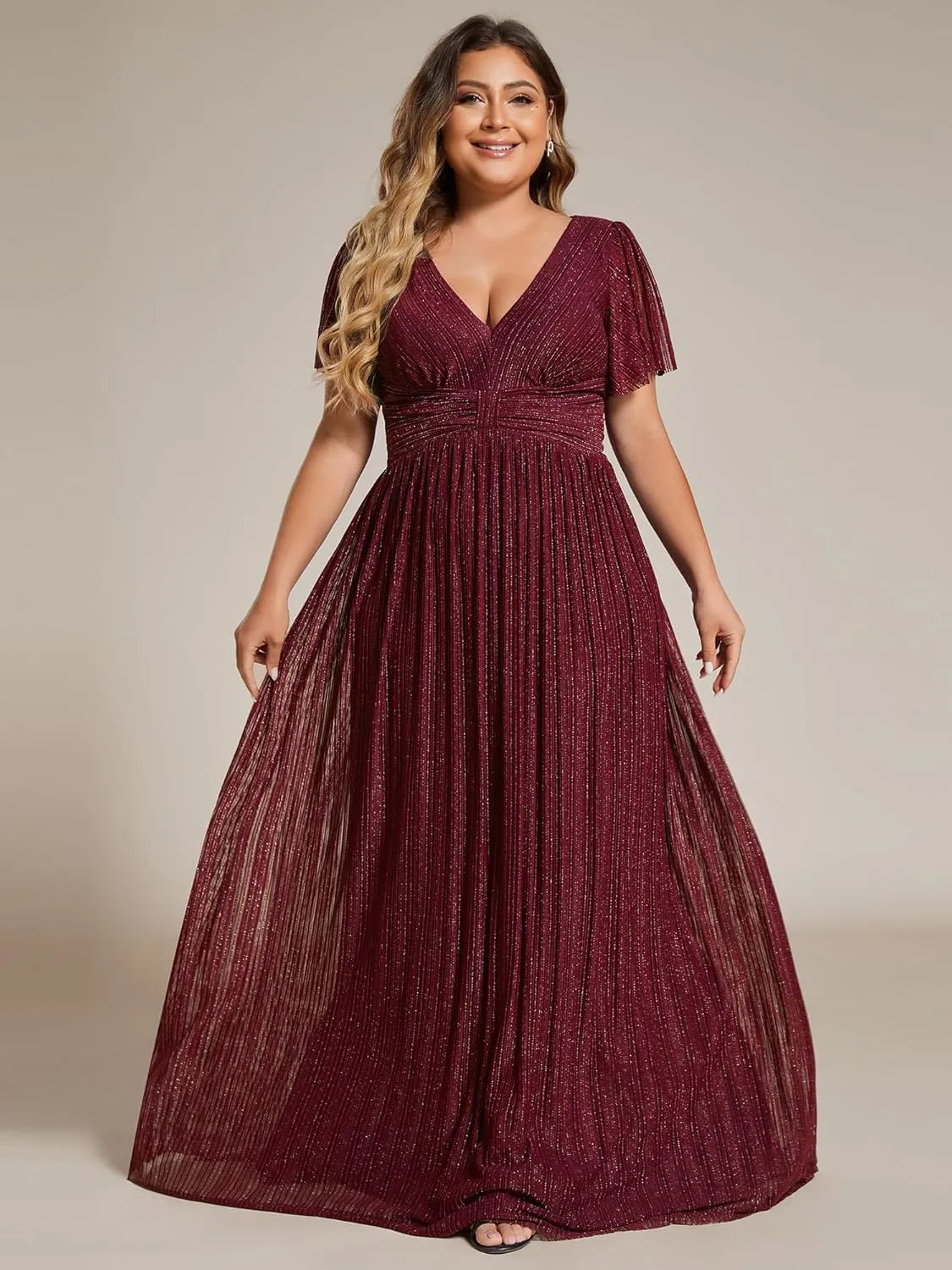 Ever-Pretty Women's A Line V Neck Glitter Short Sleeves Pleated Plus Size Formal Evening Dresses 11961-DA