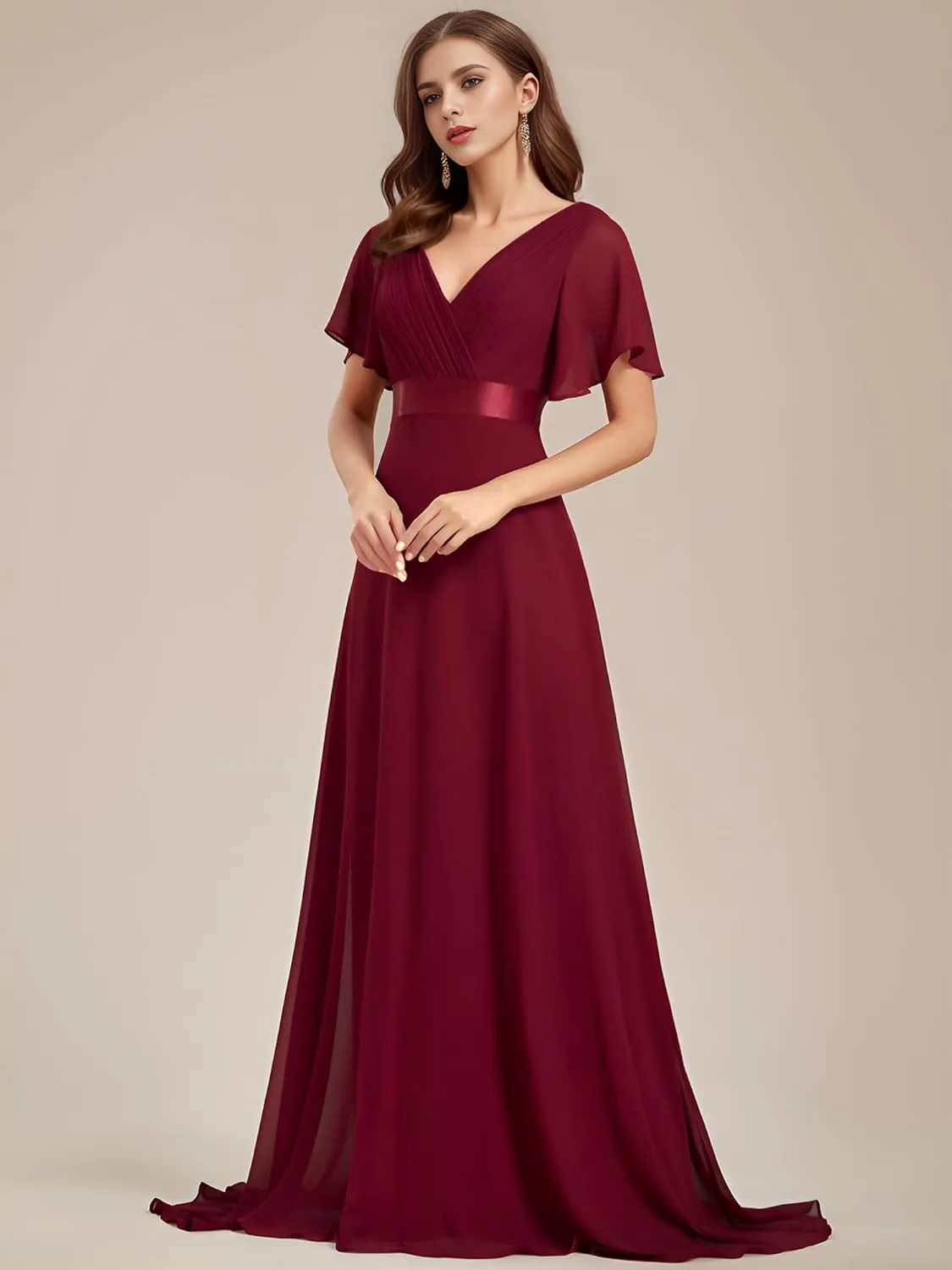 Ever-Pretty Women's Bridemaids Dress V Neck Short Sleeves A Line Chiffon Long Formal Dresses