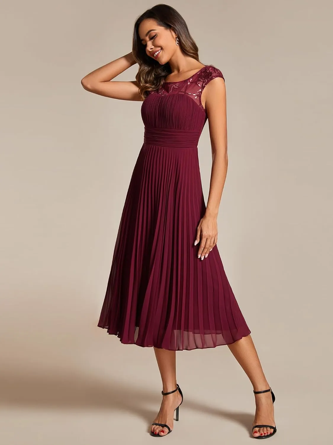 Ever-Pretty Women's Cap Sleeves A Line Crew Neck Embroidery Chiffon Pleated Wedding Guest Dresses 02095