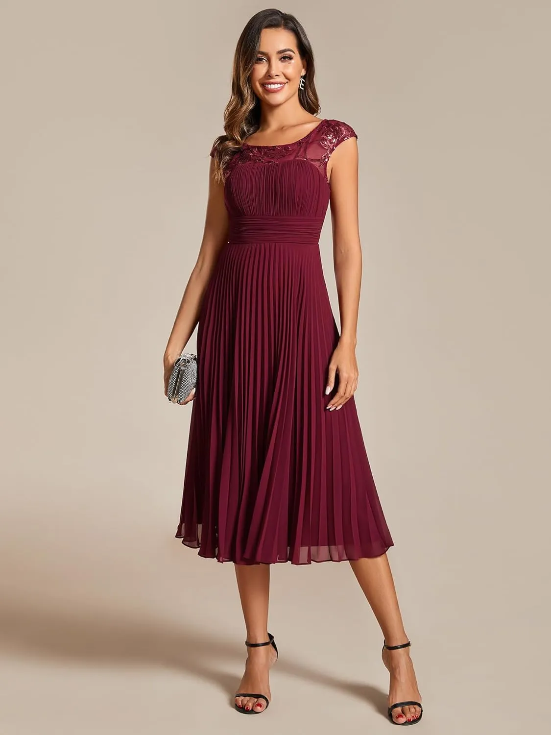 Ever-Pretty Women's Cap Sleeves A Line Crew Neck Embroidery Chiffon Pleated Wedding Guest Dresses 02095