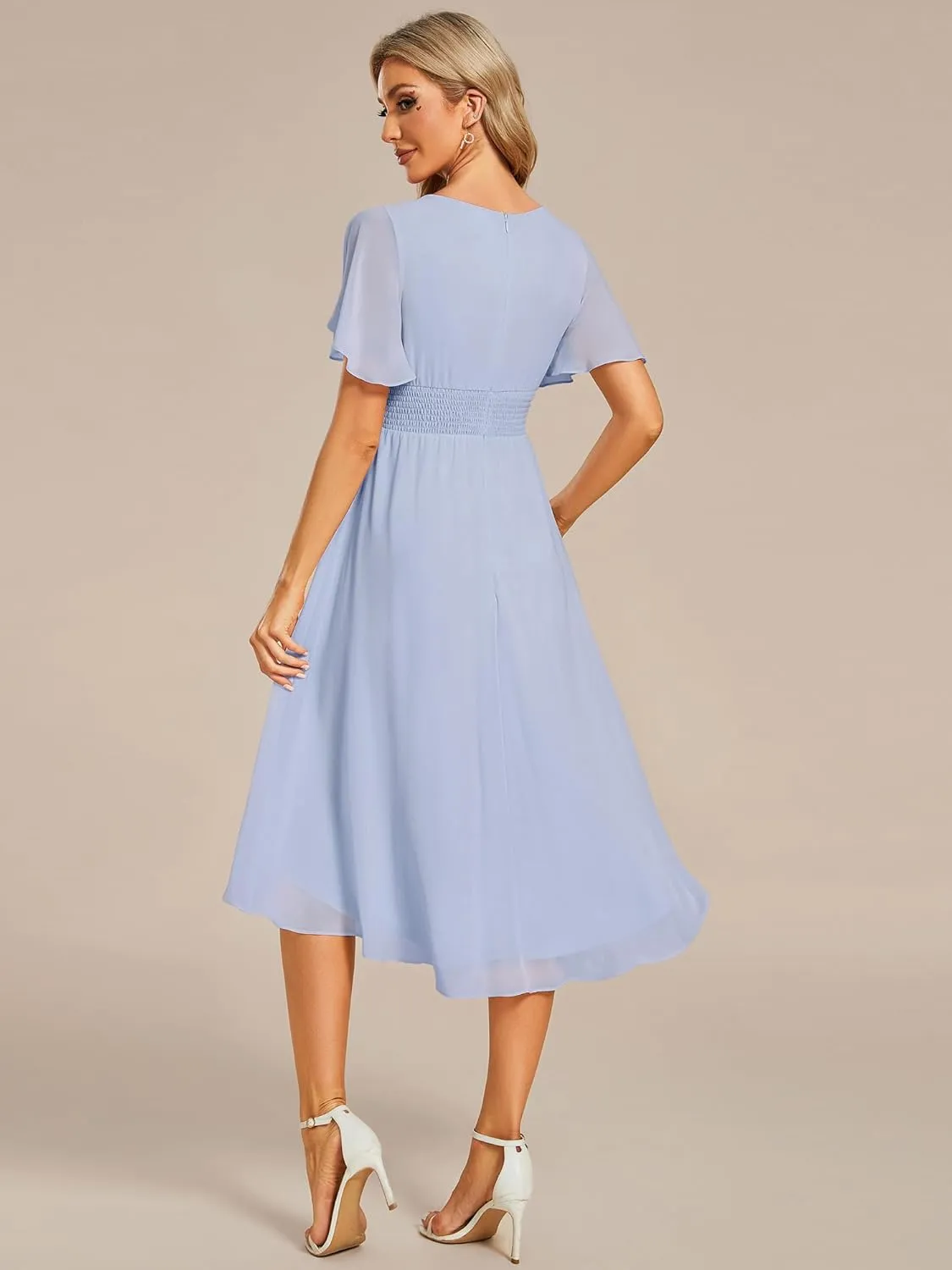 Ever-Pretty Women's Chiffon Crew Neck Pleated Waist Short Sleeve Wedding Guest Dress 02053