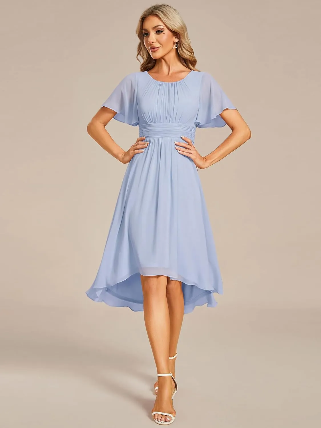 Ever-Pretty Women's Chiffon Crew Neck Pleated Waist Short Sleeve Wedding Guest Dress 02053