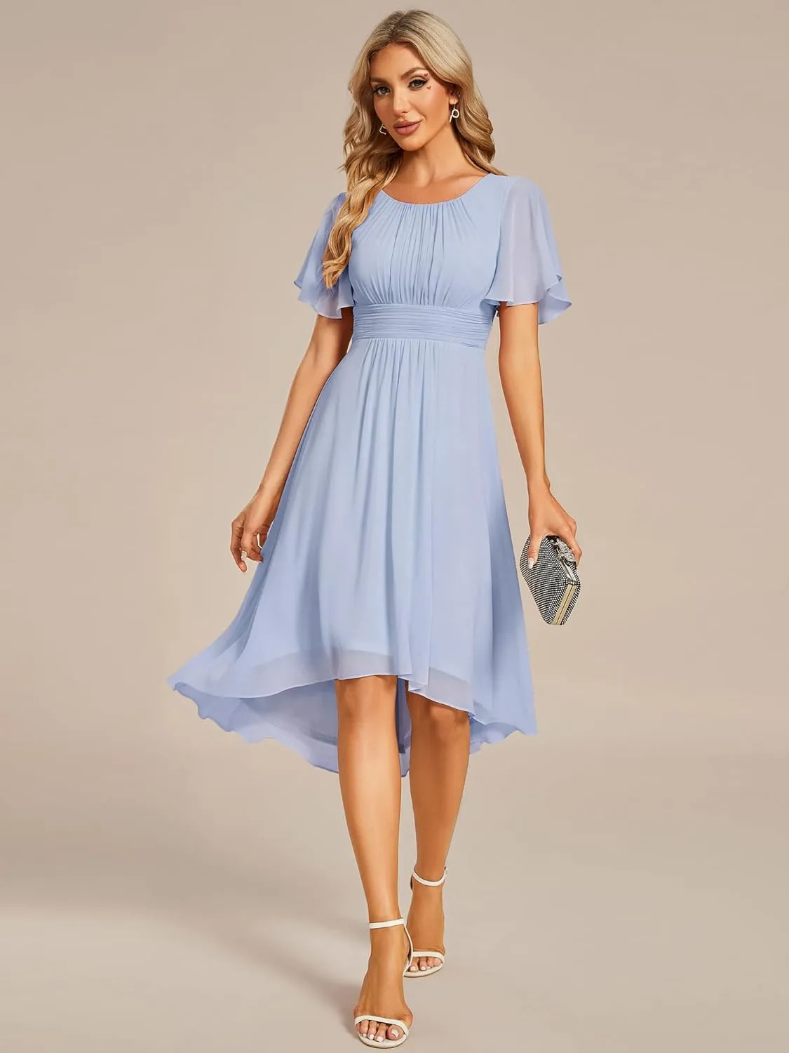 Ever-Pretty Women's Chiffon Crew Neck Pleated Waist Short Sleeve Wedding Guest Dress 02053
