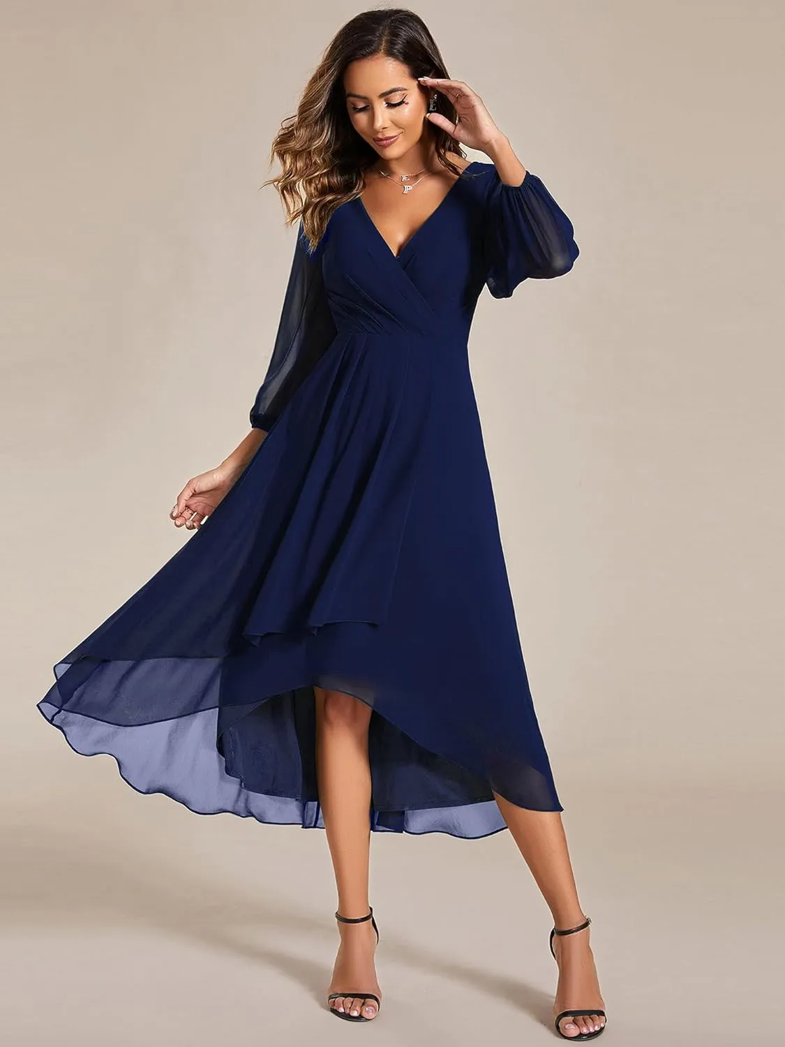 Ever-Pretty Women's Chiffon V Neck Long Sleeves Pleated A-Line Midi Length Wedding Guest Dress 01926