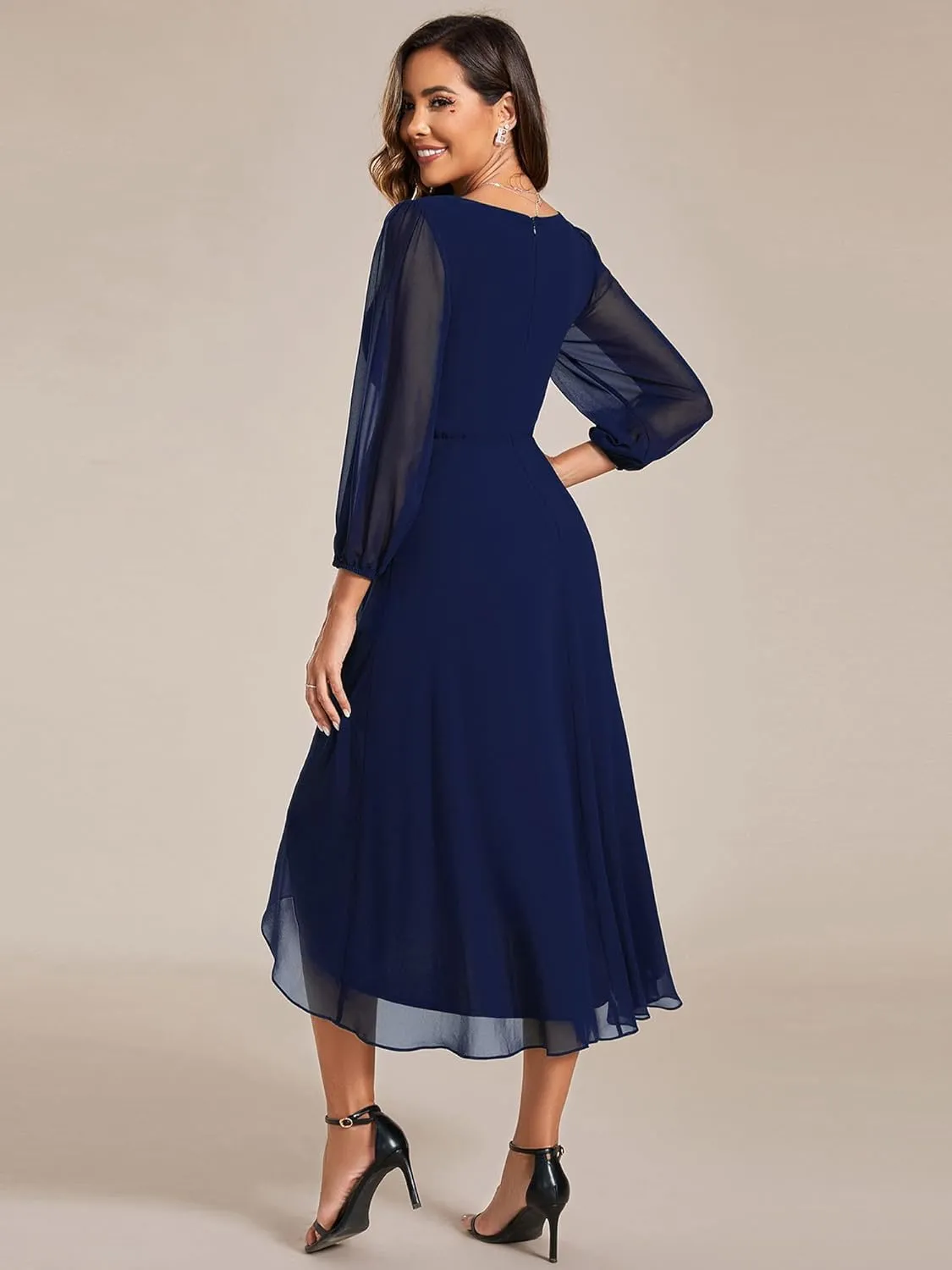 Ever-Pretty Women's Chiffon V Neck Long Sleeves Pleated A-Line Midi Length Wedding Guest Dress 01926