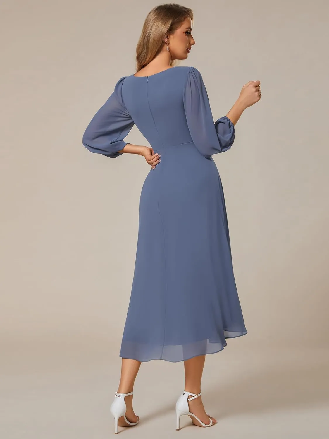 Ever-Pretty Women's Chiffon V Neck Long Sleeves Pleated A-Line Midi Length Wedding Guest Dress 01926