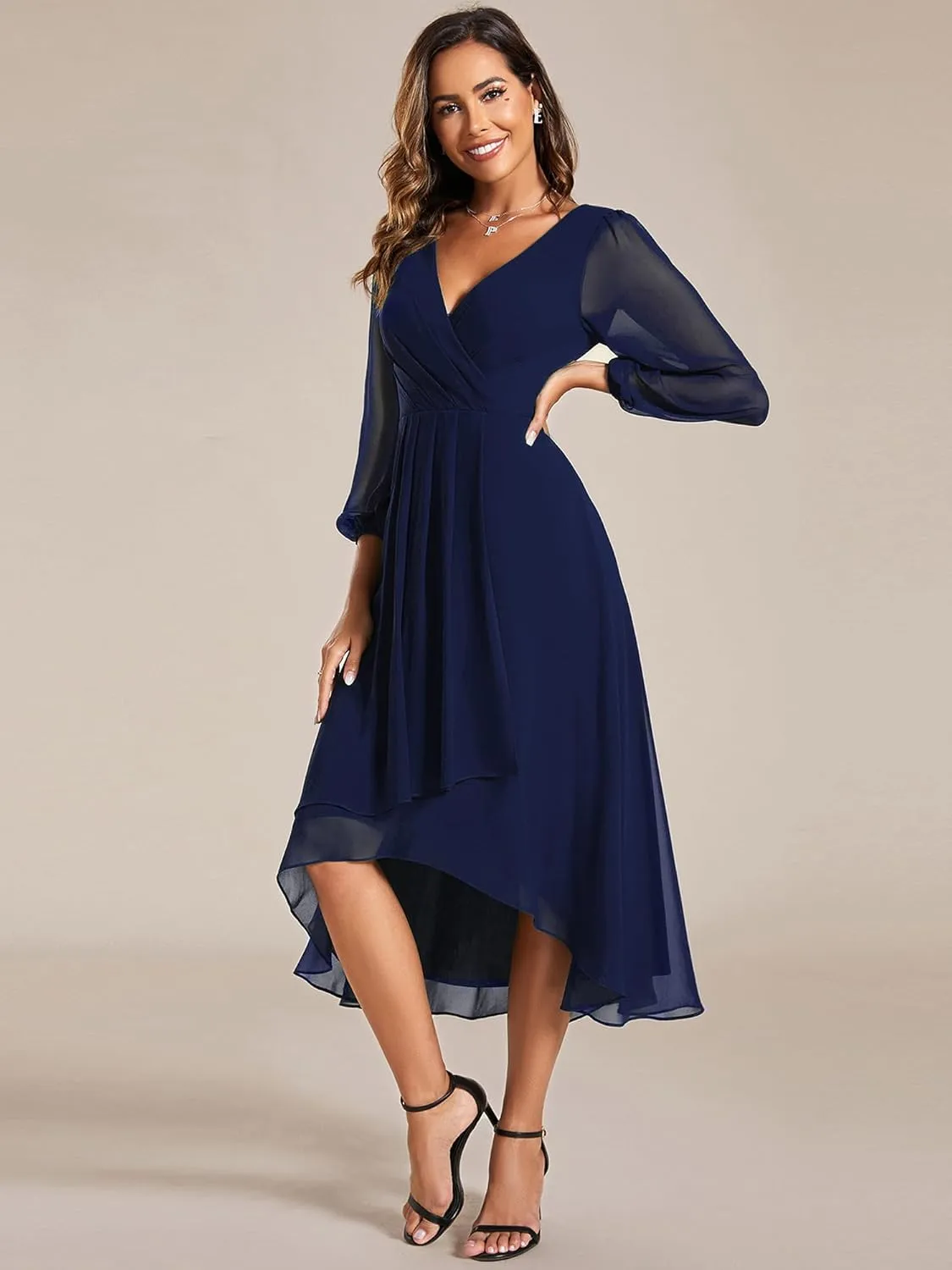 Ever-Pretty Women's Chiffon V Neck Long Sleeves Pleated A-Line Midi Length Wedding Guest Dress 01926