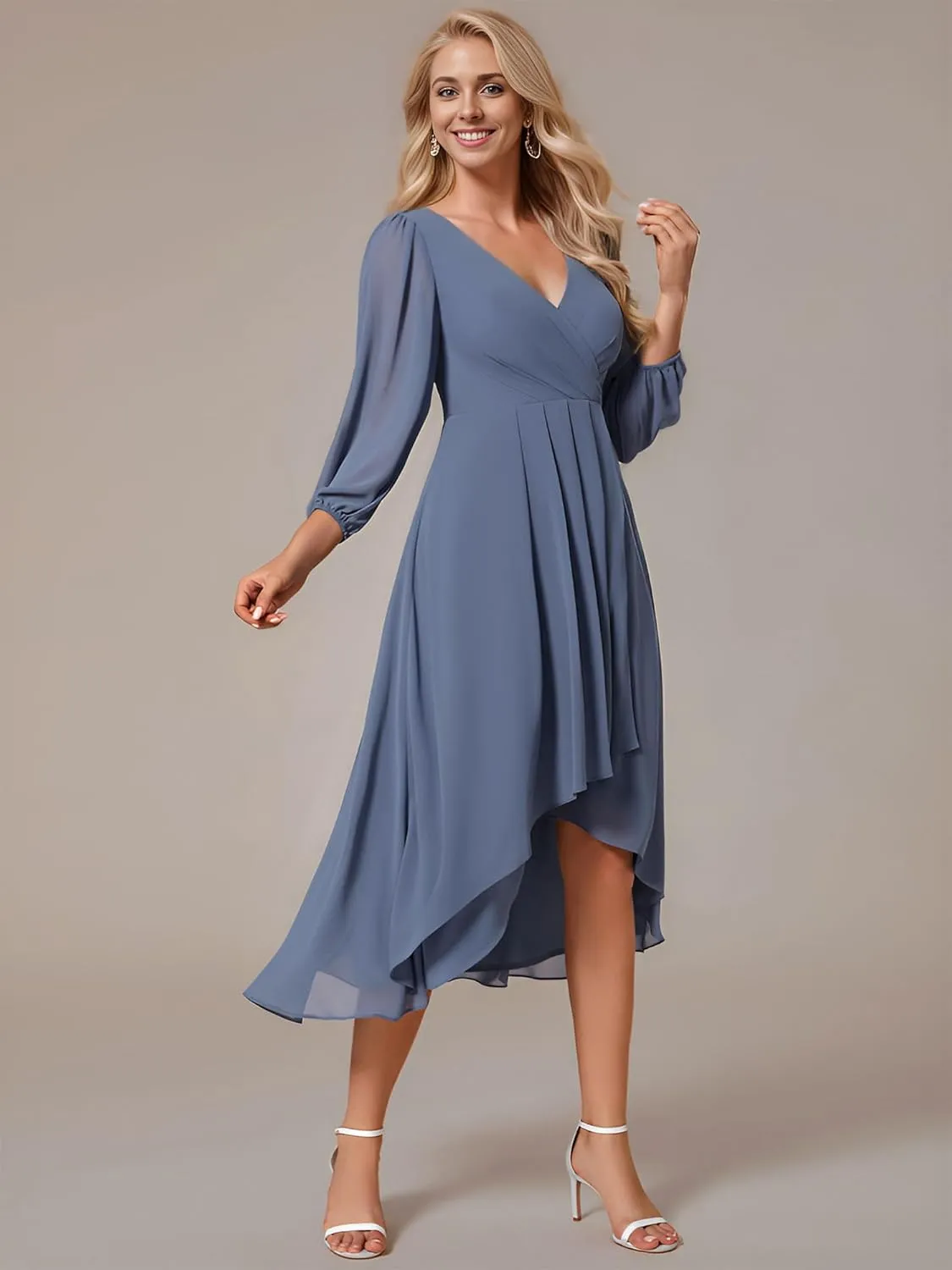 Ever-Pretty Women's Chiffon V Neck Long Sleeves Pleated A-Line Midi Length Wedding Guest Dress 01926