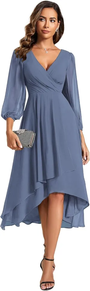 Ever-Pretty Women's Chiffon V Neck Long Sleeves Pleated A-Line Midi Length Wedding Guest Dress 01926
