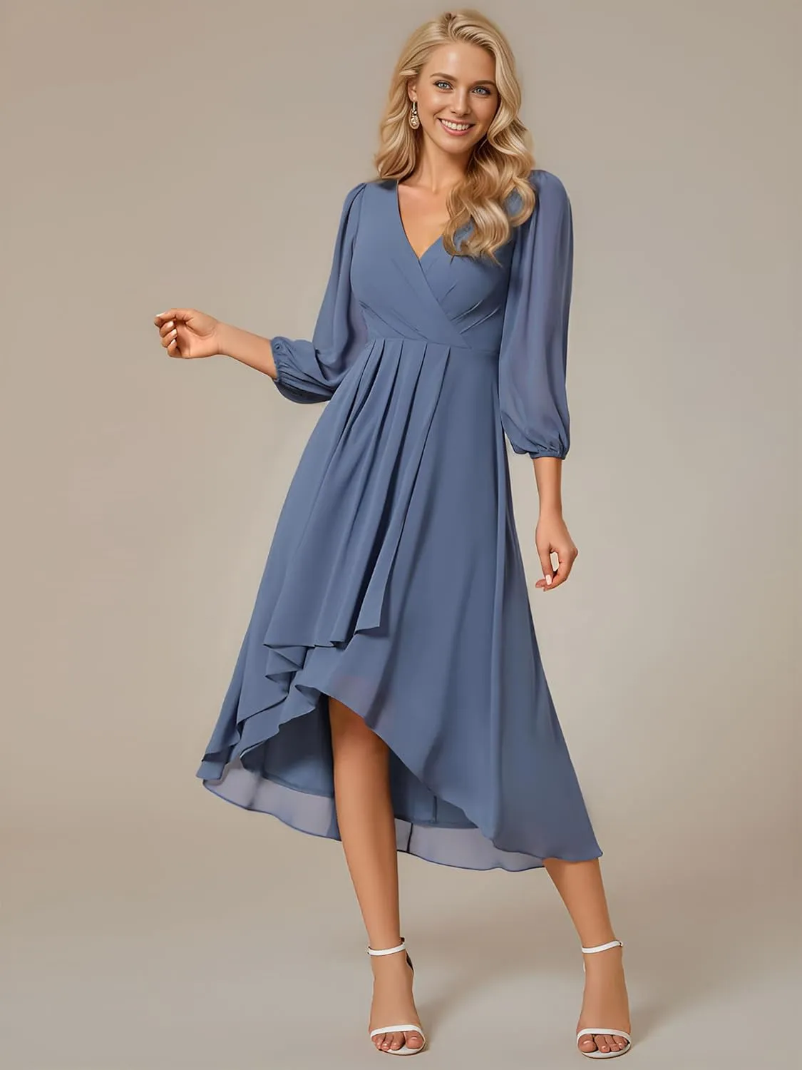 Ever-Pretty Women's Chiffon V Neck Long Sleeves Pleated A-Line Midi Length Wedding Guest Dress 01926