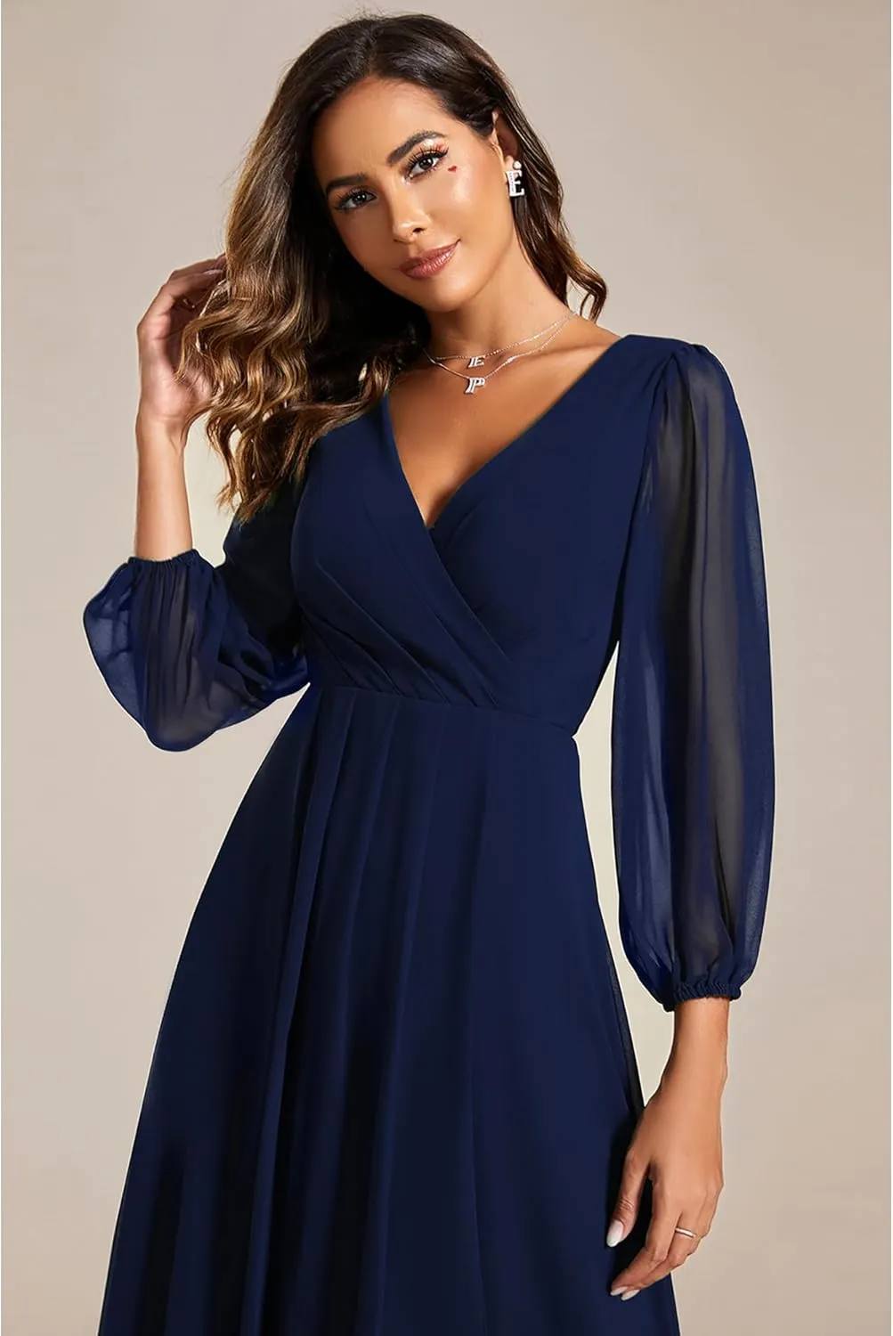 Ever-Pretty Women's Chiffon V Neck Long Sleeves Pleated A-Line Midi Length Wedding Guest Dress 01926