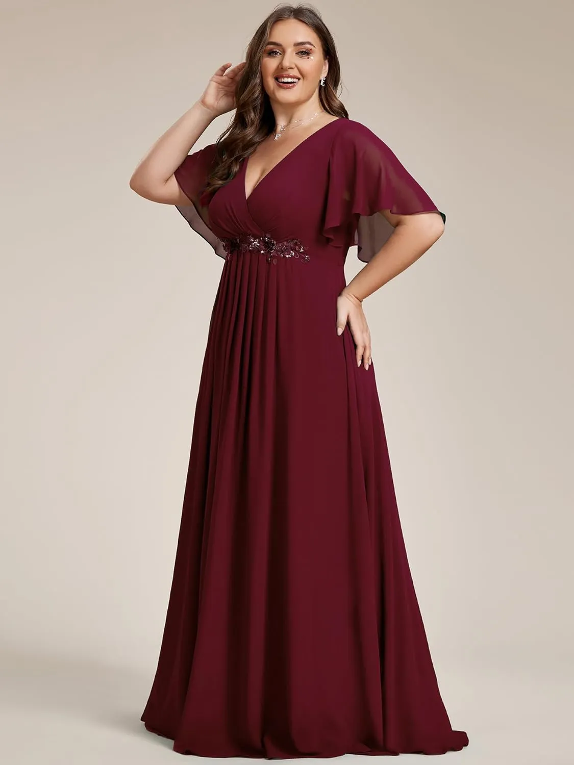 Ever-Pretty Women's Chiffon V Neck Short Sleeves Appliques Plus Size Dresses for Curvy Women Formal Dresses 01960-DA