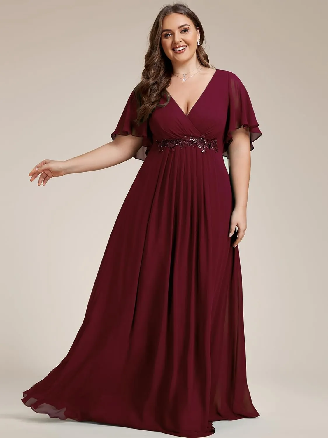 Ever-Pretty Women's Chiffon V Neck Short Sleeves Appliques Plus Size Dresses for Curvy Women Formal Dresses 01960-DA