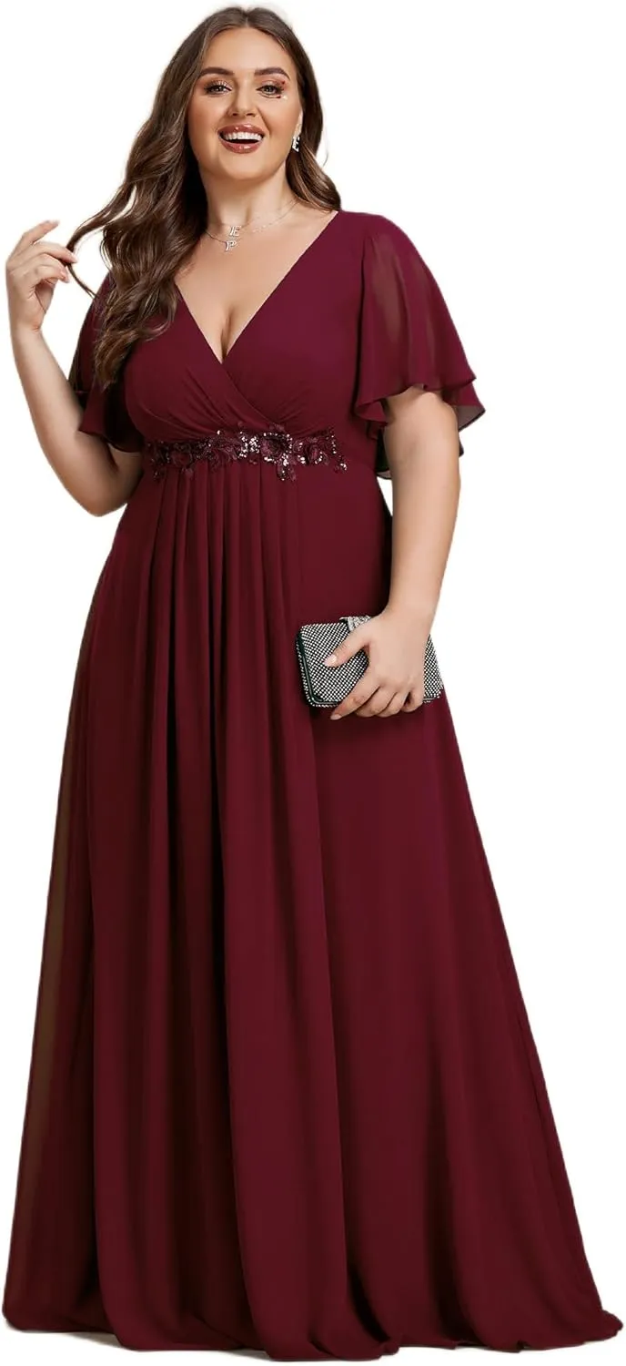 Ever-Pretty Women's Chiffon V Neck Short Sleeves Appliques Plus Size Dresses for Curvy Women Formal Dresses 01960-DA