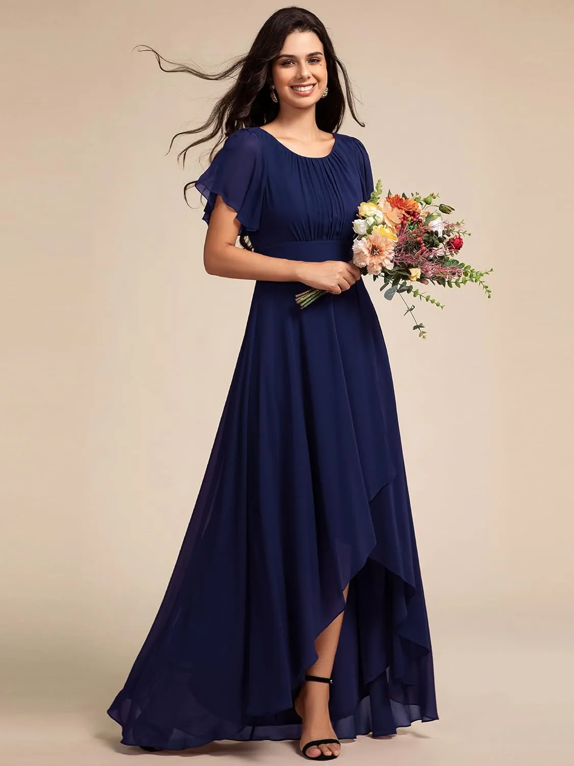 Ever-Pretty Women's Crew Neck Short Sleeves Elastic Waist Slit Flowy A Line Hi-Lo Wedding Guest Dress 02213