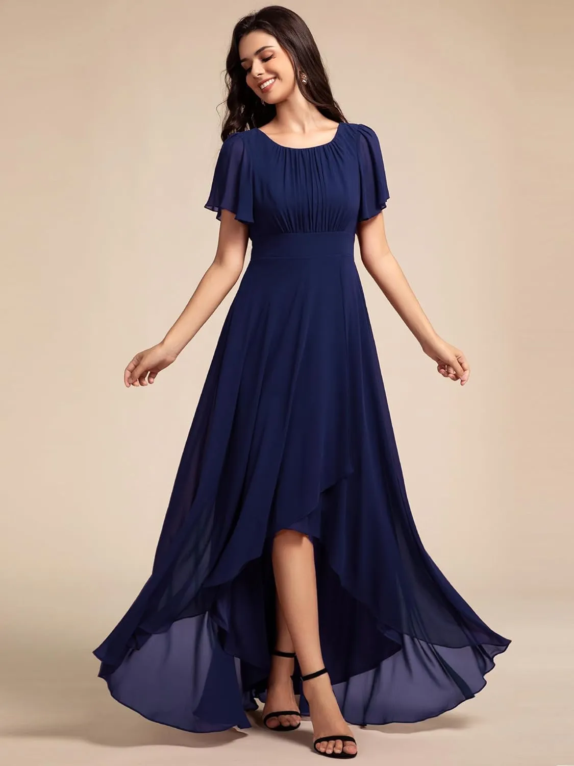 Ever-Pretty Women's Crew Neck Short Sleeves Elastic Waist Slit Flowy A Line Hi-Lo Wedding Guest Dress 02213