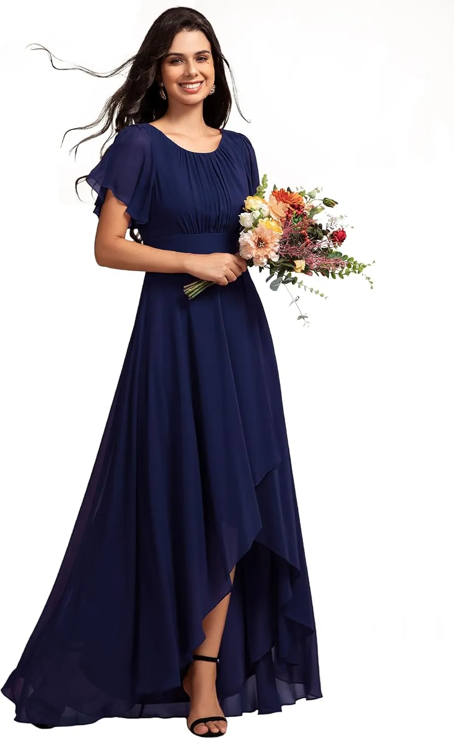Ever-Pretty Women's Crew Neck Short Sleeves Elastic Waist Slit Flowy A Line Hi-Lo Wedding Guest Dress 02213