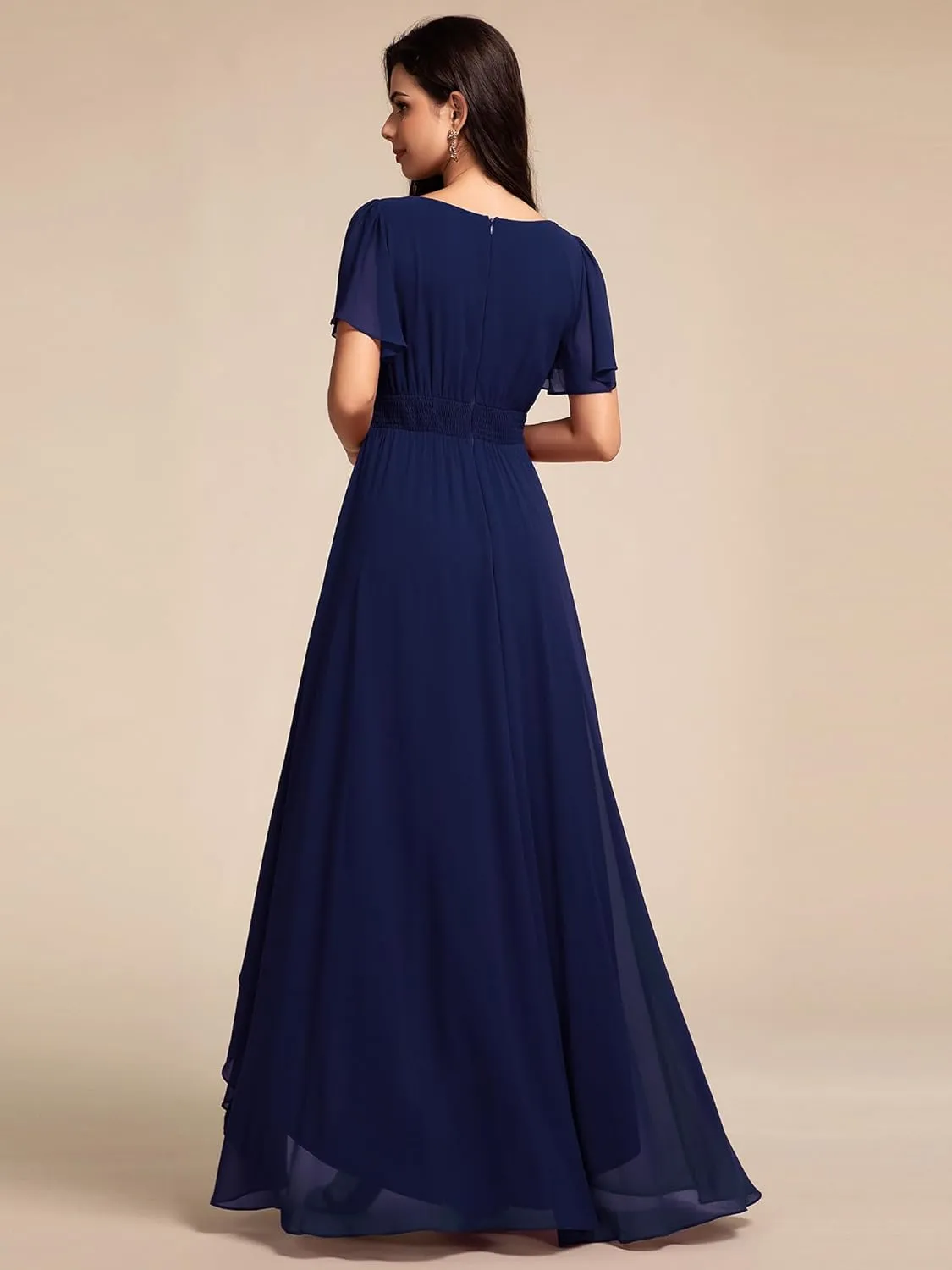 Ever-Pretty Women's Crew Neck Short Sleeves Elastic Waist Slit Flowy A Line Hi-Lo Wedding Guest Dress 02213