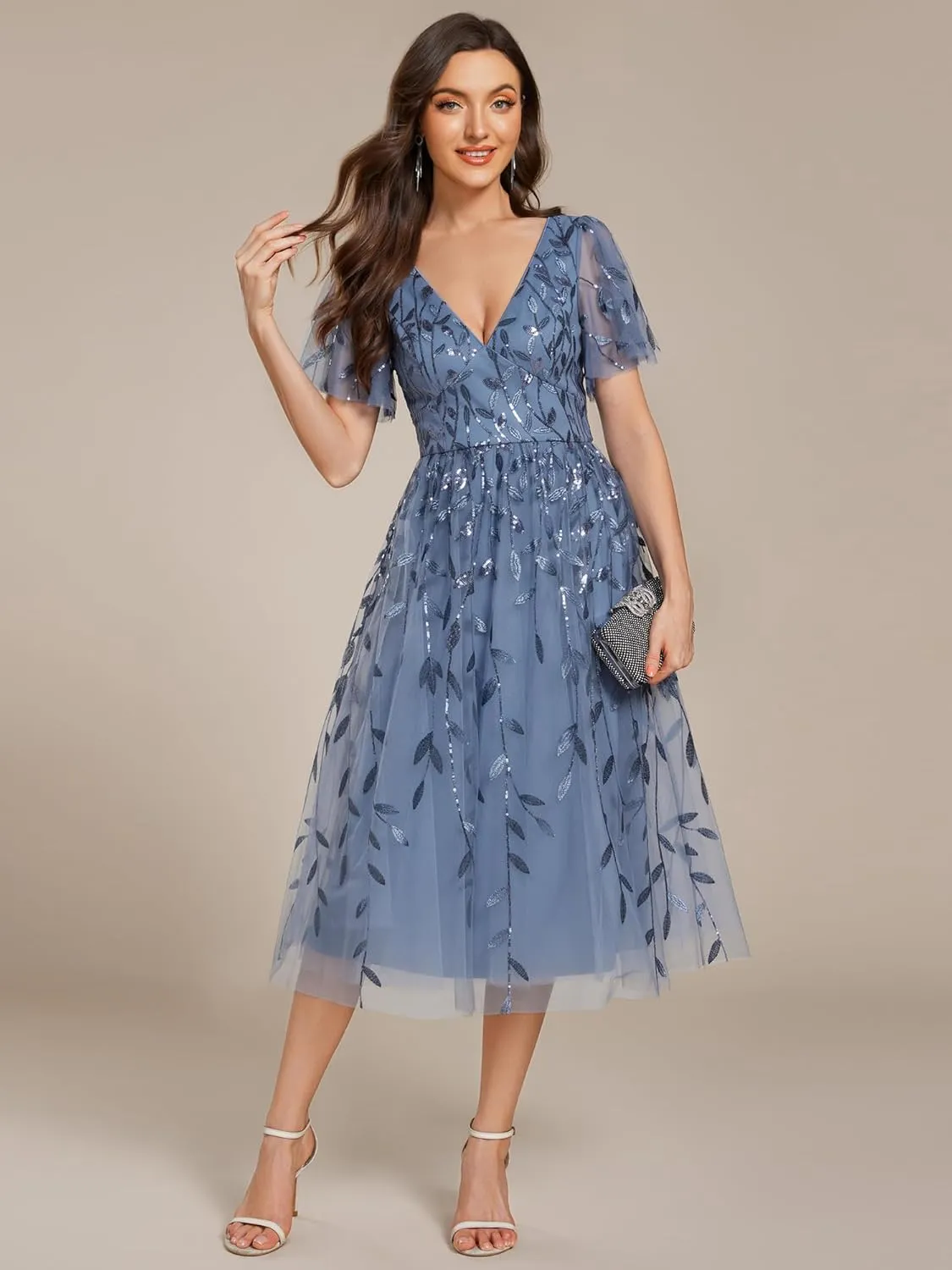 Ever-Pretty Women's Elegant A Line Embroidery Tulle Sequins Short Sleeves Midi Wedding Guest Dress 02230
