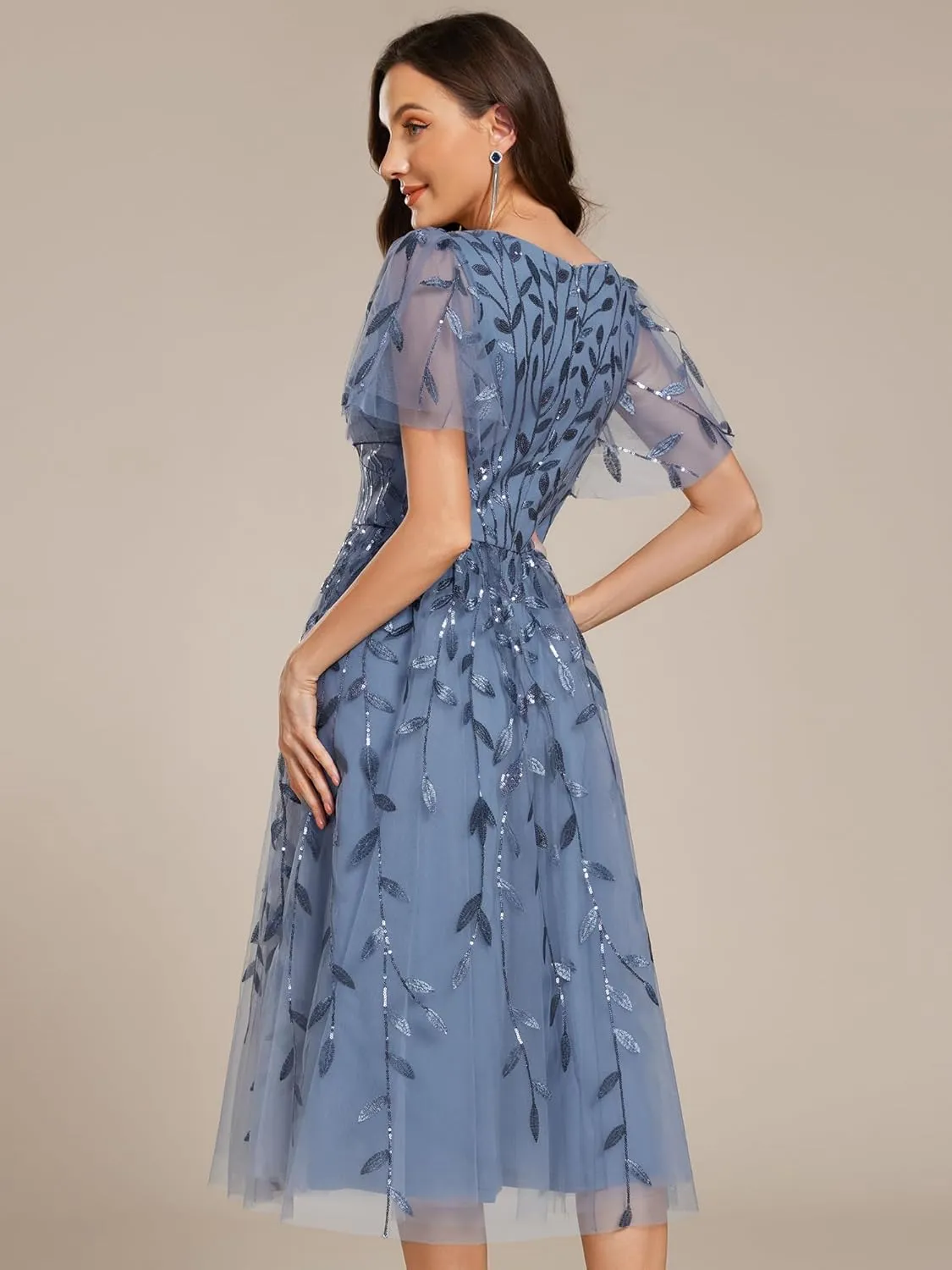 Ever-Pretty Women's Elegant A Line Embroidery Tulle Sequins Short Sleeves Midi Wedding Guest Dress 02230