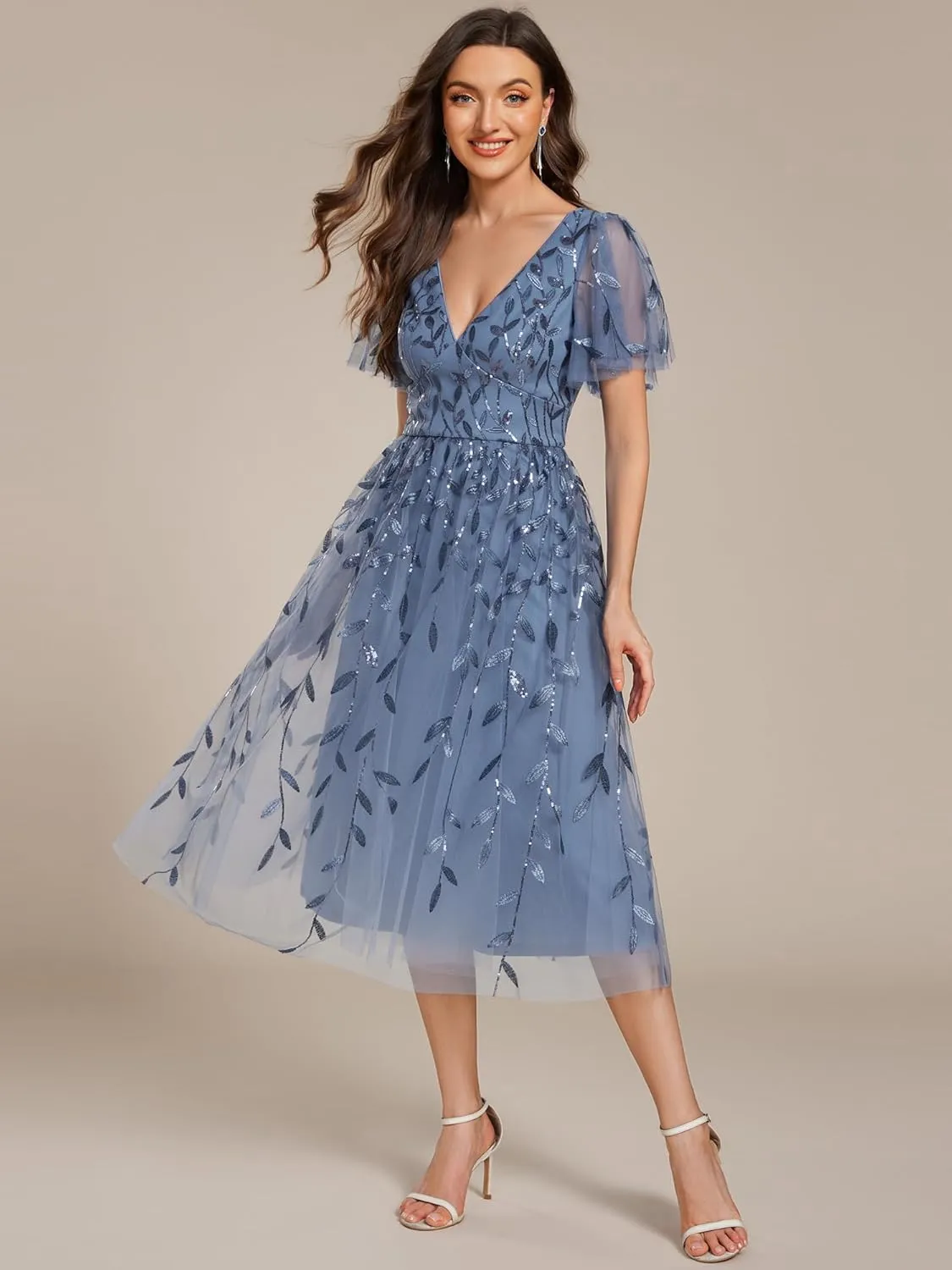 Ever-Pretty Women's Elegant A Line Embroidery Tulle Sequins Short Sleeves Midi Wedding Guest Dress 02230