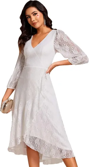 Ever-Pretty Women's Elegant V Neck Lace Long Sleeves A Line Ruffles Hem Midi Length Wedding Guest Dress 02238