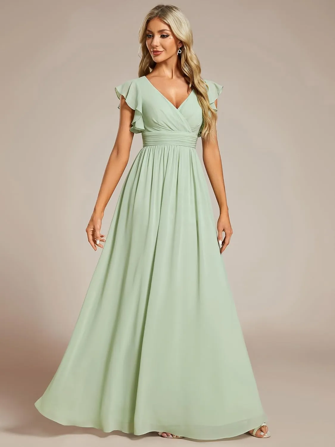 Ever-Pretty Women's Flowy Chiffon A Line Ruffles Sleeves Back Cutout Bridesmaid Dresses 01819